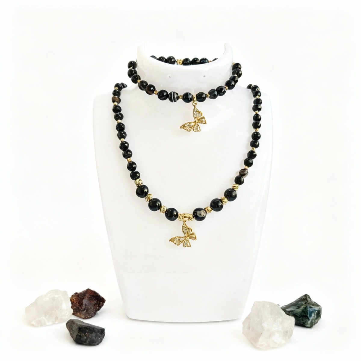 Kelebekli Siyah Akik Doğal Taş Takı Seti - Dönüşüm ve Koruma Enerjisi