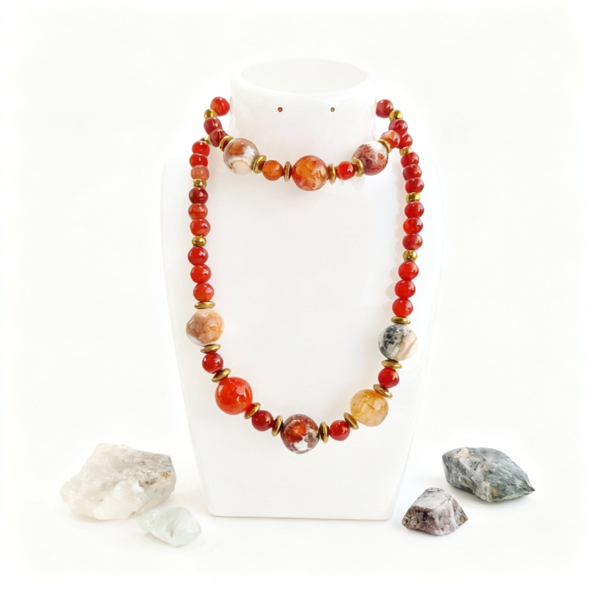 Kırmızı Akik ve Hematit Doğal Taş Takı Seti - Güç Cesaret ve Topraklama Enerjisi