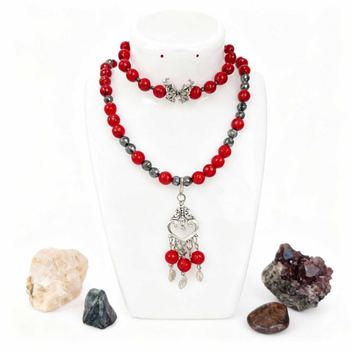 Kırmızı Havlit ve Hematit Doğal Taş Takı Seti - Sakinlik ve Denge Enerjisi